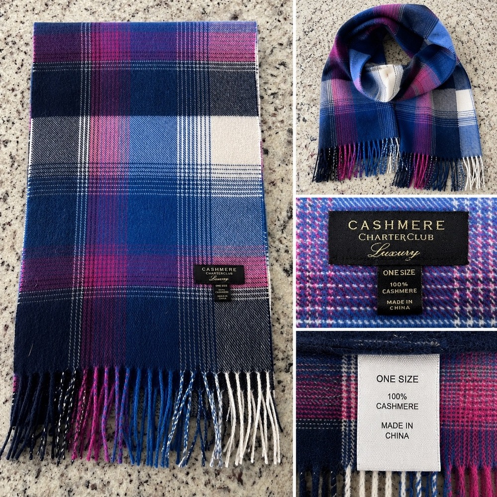 Charter Club Scarf Women OS Blue‎ Pink Plaid Cashmere Luxury Fringe Winter Wrap
